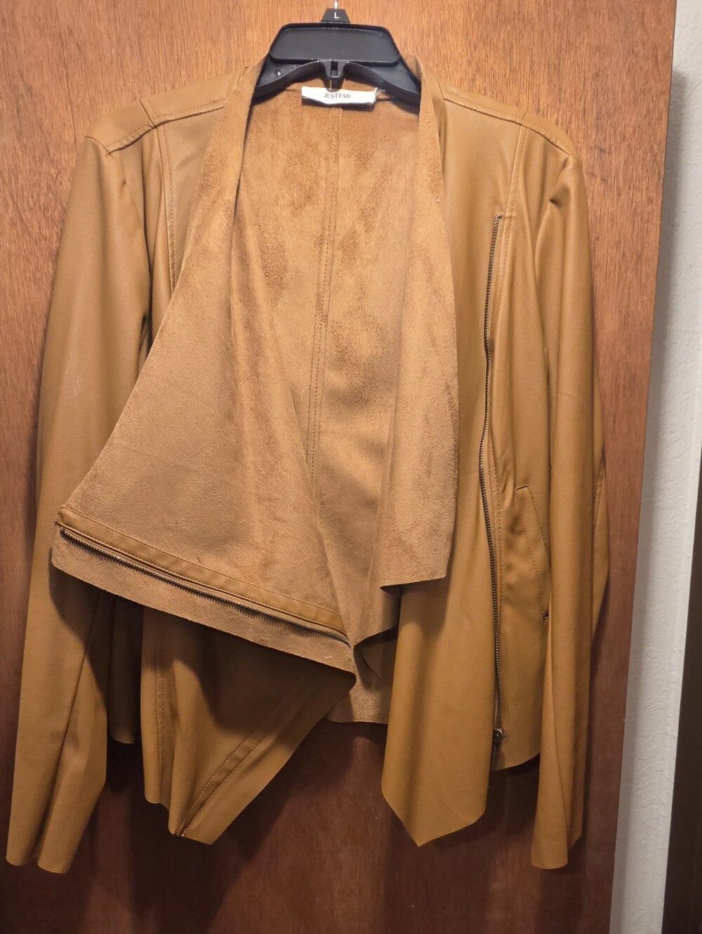 JustFab Cognac Brown/tan Faux Suede Draped Leather Jacket SzL - Picture 3 of 13